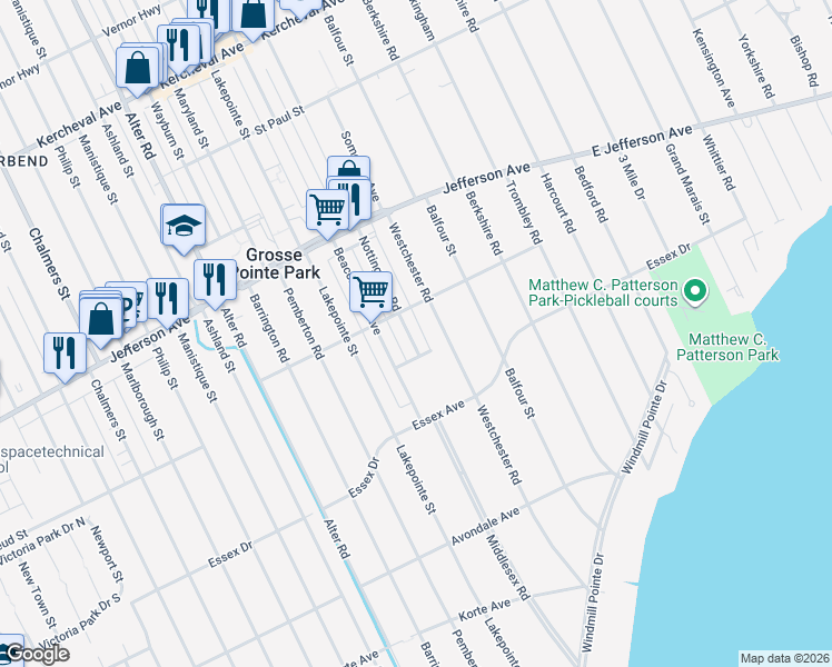 map of restaurants, bars, coffee shops, grocery stores, and more near 837 Nottingham Road in Grosse Pointe Park