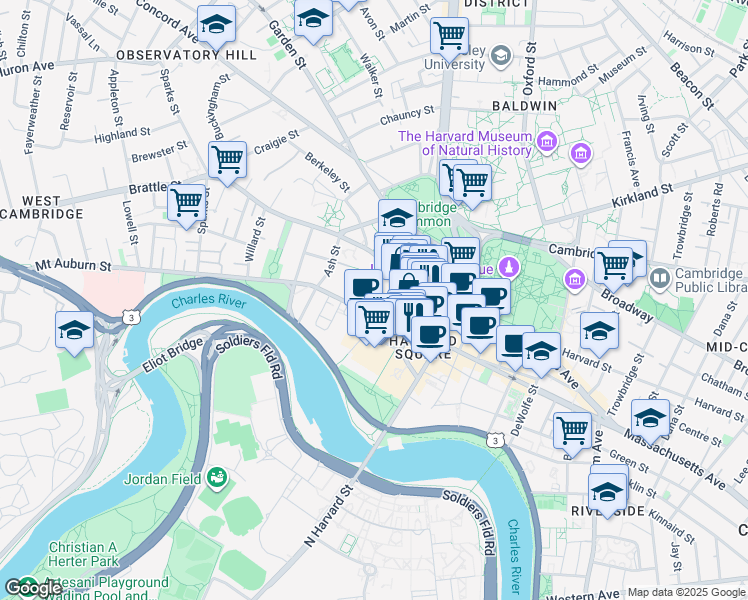 map of restaurants, bars, coffee shops, grocery stores, and more near 1 Mifflin Place in Cambridge