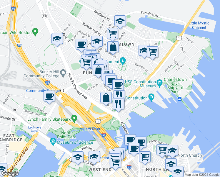 map of restaurants, bars, coffee shops, grocery stores, and more near 73 Main Street in Boston