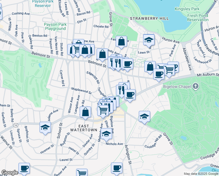 map of restaurants, bars, coffee shops, grocery stores, and more near 332 Arlington Street in Watertown
