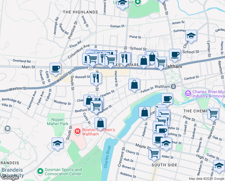 map of restaurants, bars, coffee shops, grocery stores, and more near 169 Charles Street in Waltham
