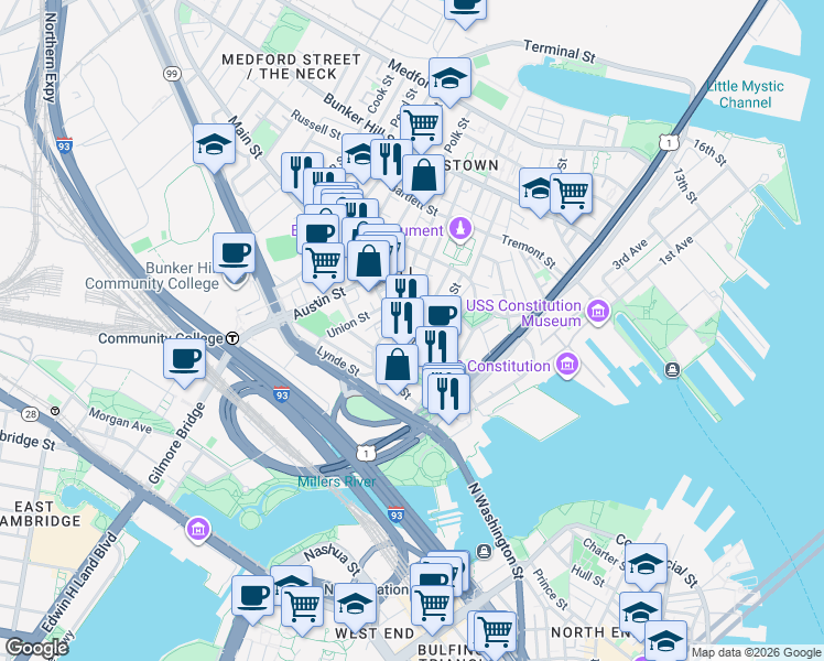 map of restaurants, bars, coffee shops, grocery stores, and more near 67 Main Street in Boston