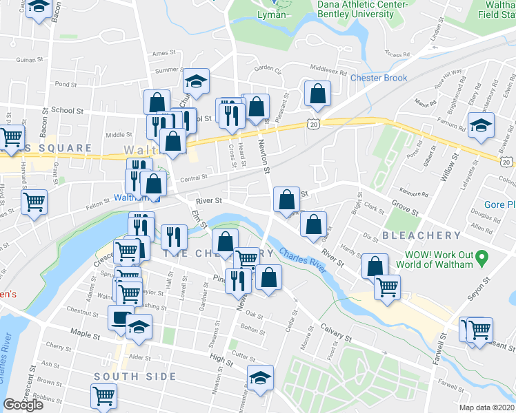 map of restaurants, bars, coffee shops, grocery stores, and more near 330 River Street in Waltham
