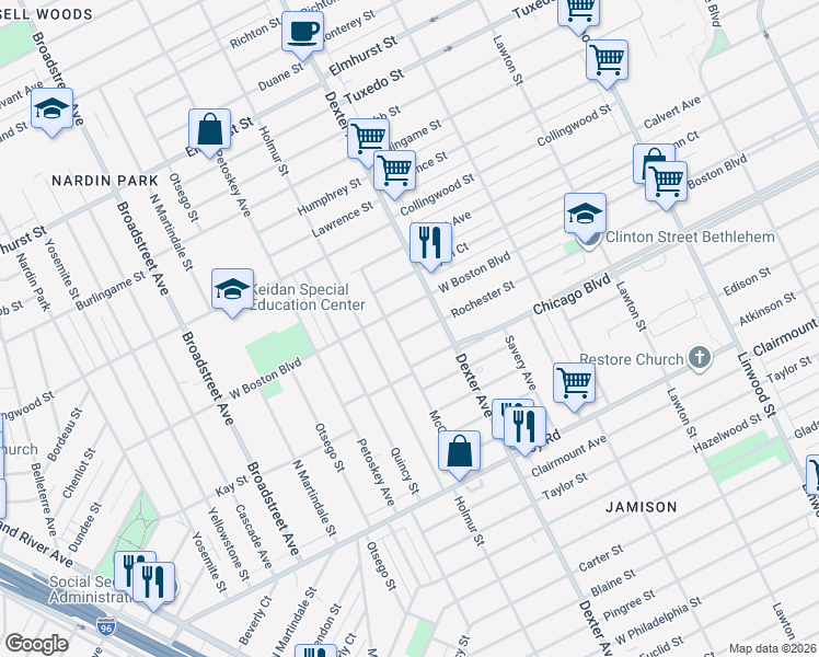 map of restaurants, bars, coffee shops, grocery stores, and more near 3751 Rochester Street in Detroit