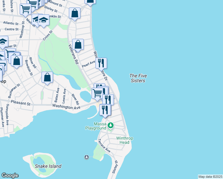map of restaurants, bars, coffee shops, grocery stores, and more near 70 Winthrop Shore Drive in Winthrop