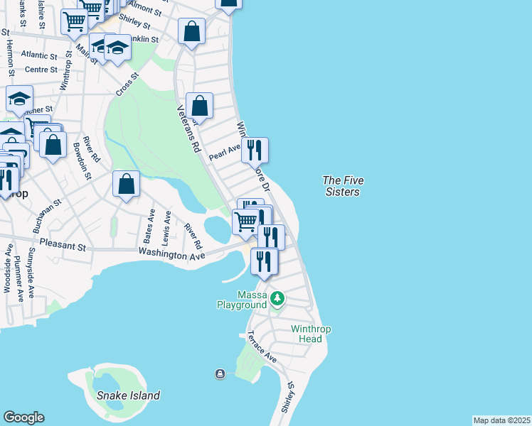 map of restaurants, bars, coffee shops, grocery stores, and more near 18 Irwin Street in Winthrop