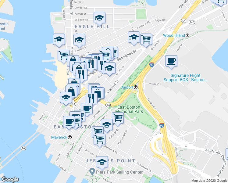 map of restaurants, bars, coffee shops, grocery stores, and more near 159 Chelsea Street in Boston