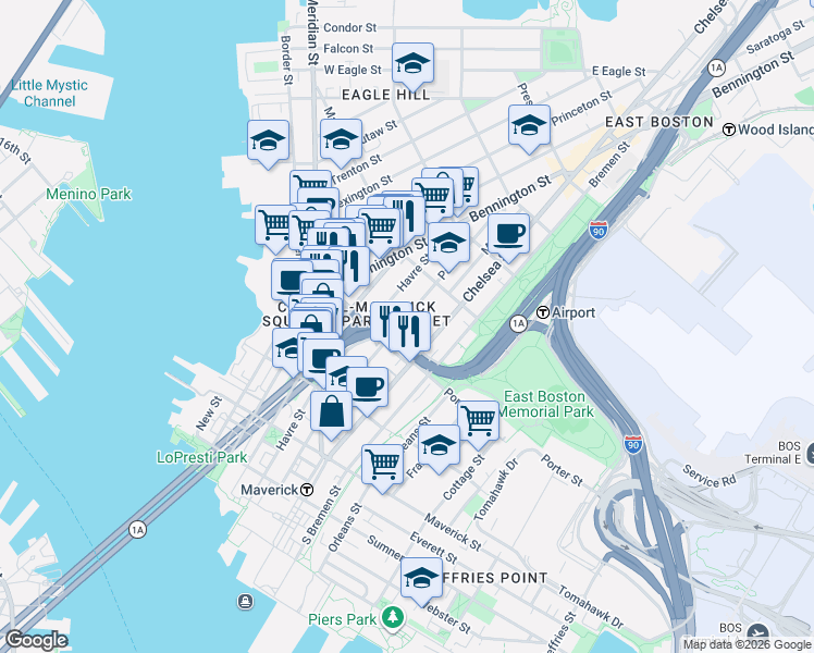 map of restaurants, bars, coffee shops, grocery stores, and more near in Boston
