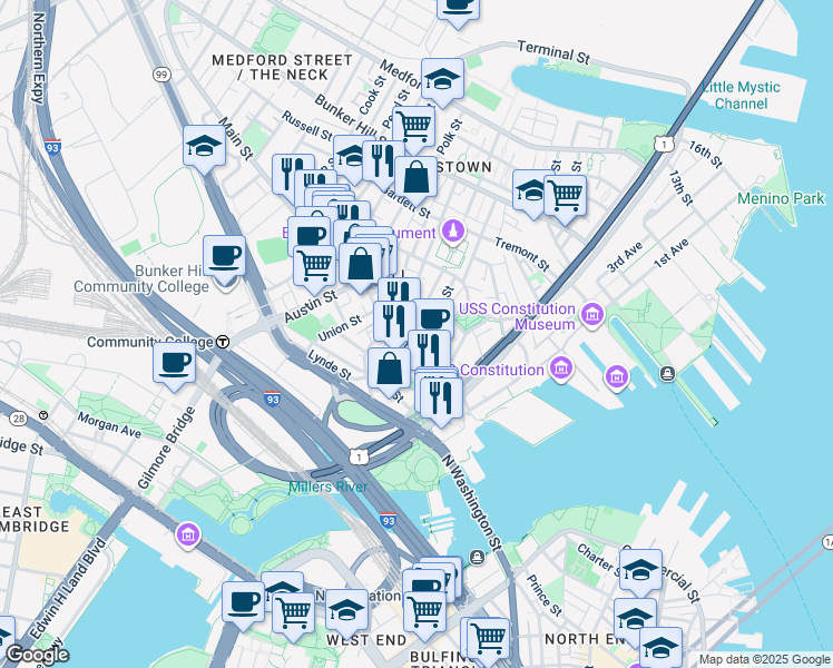 map of restaurants, bars, coffee shops, grocery stores, and more near 67 Main Street in Boston