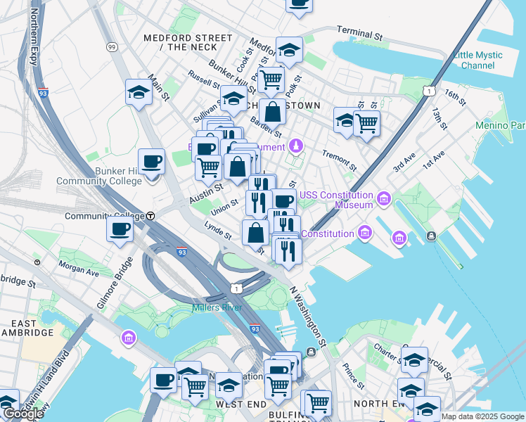 map of restaurants, bars, coffee shops, grocery stores, and more near 67 Main Street in Boston