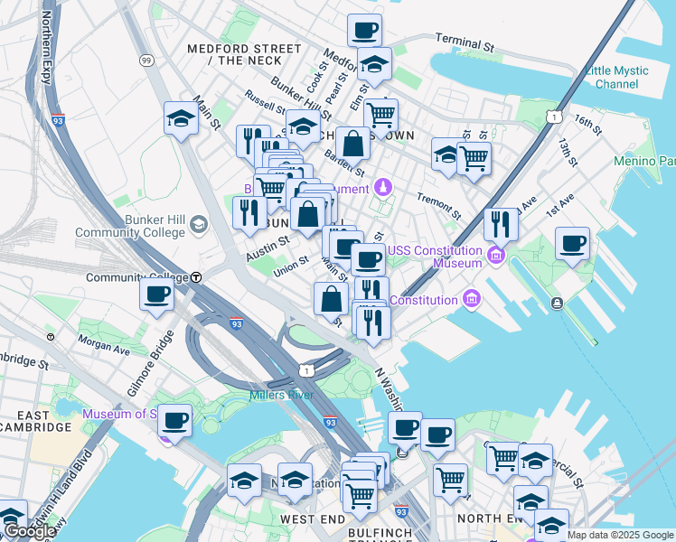 map of restaurants, bars, coffee shops, grocery stores, and more near 67 Main Street in Boston