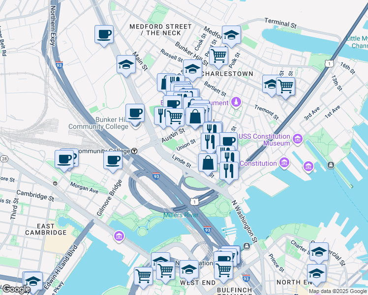 map of restaurants, bars, coffee shops, grocery stores, and more near 57 North Washington Street in Boston