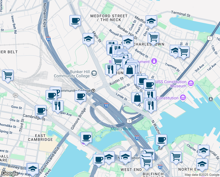 map of restaurants, bars, coffee shops, grocery stores, and more near 80 Lynde Street in Boston