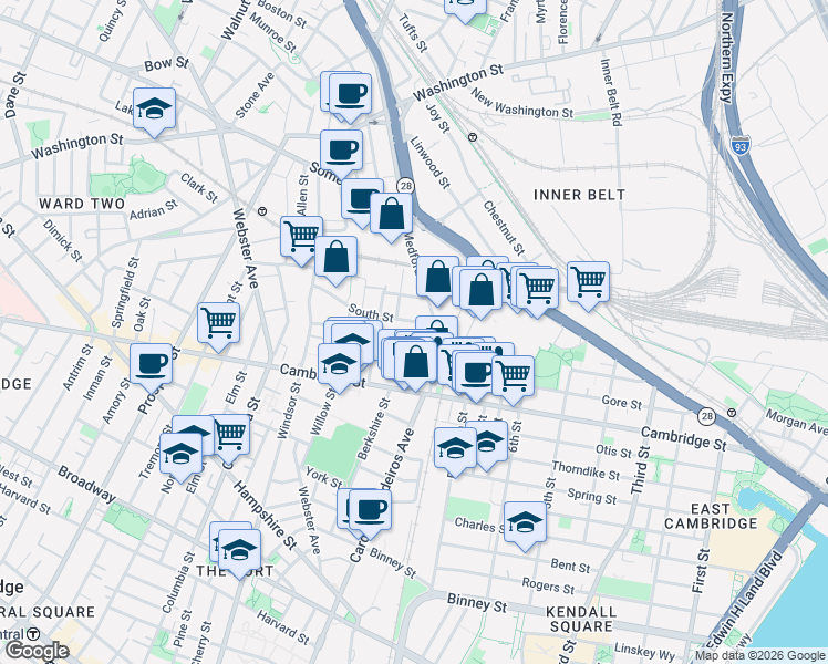 map of restaurants, bars, coffee shops, grocery stores, and more near 52 Porter Street in Cambridge