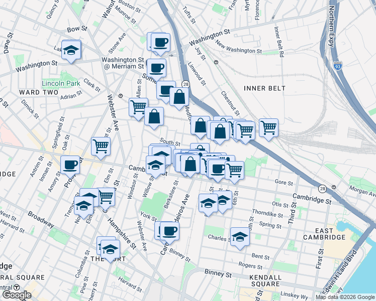 map of restaurants, bars, coffee shops, grocery stores, and more near 52 Porter Street in Cambridge