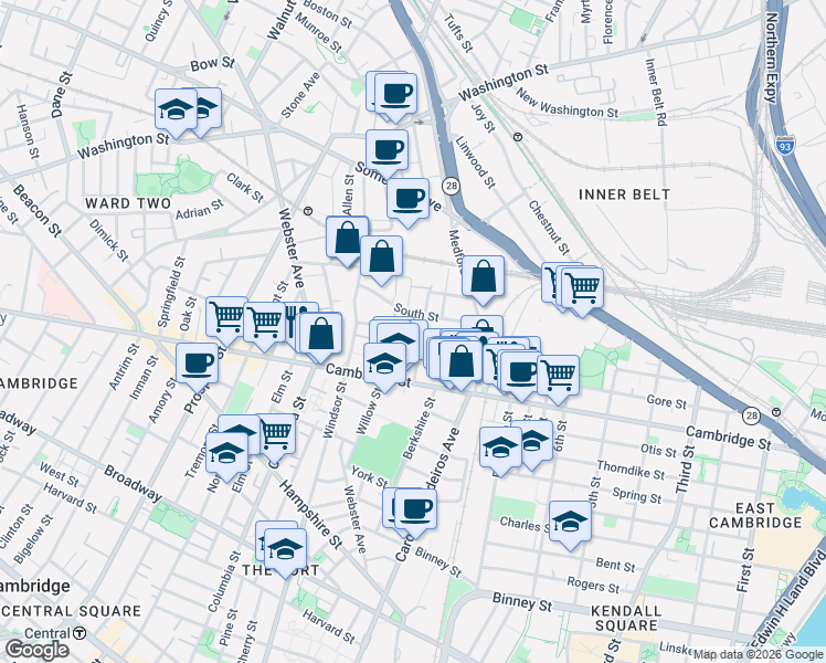 map of restaurants, bars, coffee shops, grocery stores, and more near 21 Hunting Street in Cambridge