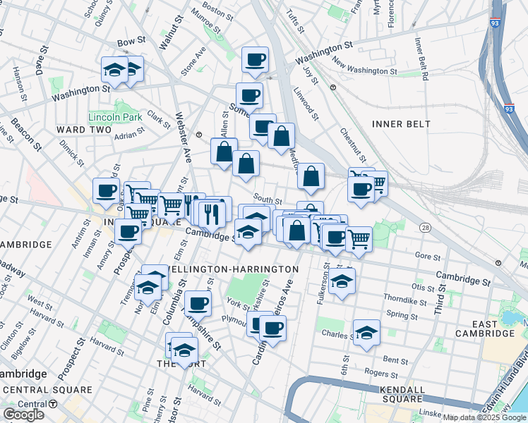 map of restaurants, bars, coffee shops, grocery stores, and more near 21 Hunting Street in Cambridge