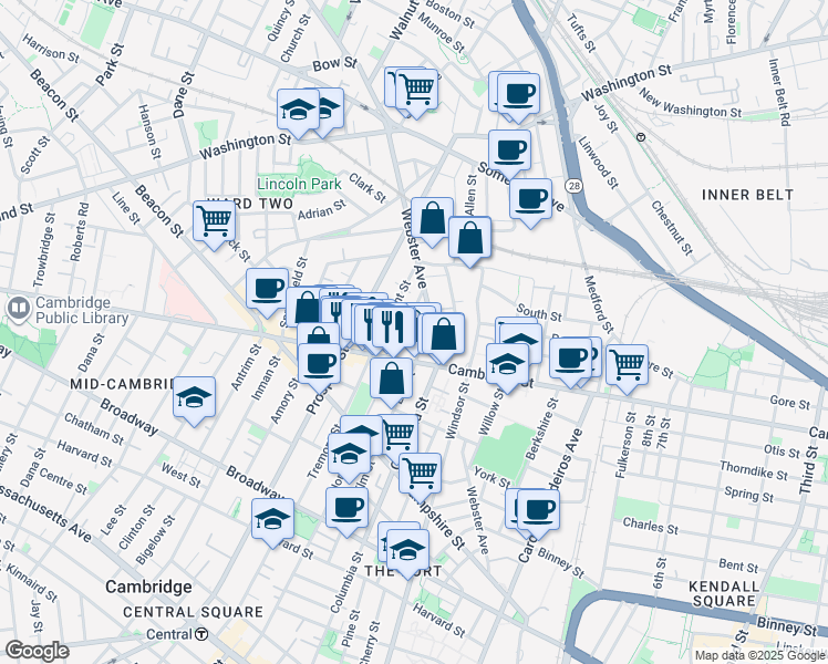 map of restaurants, bars, coffee shops, grocery stores, and more near 299 Elm Street in Cambridge