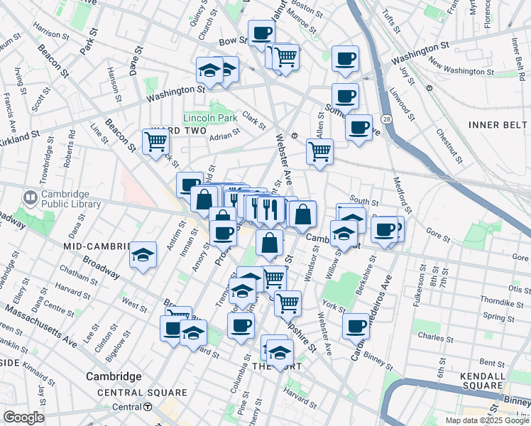 map of restaurants, bars, coffee shops, grocery stores, and more near 109 Tremont Street in Cambridge
