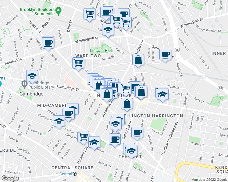 map of restaurants, bars, coffee shops, grocery stores, and more near in Cambridge