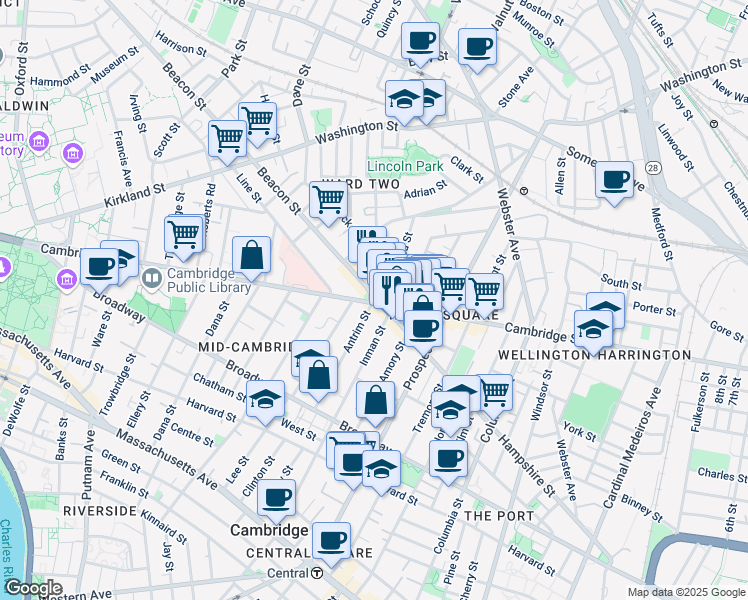 map of restaurants, bars, coffee shops, grocery stores, and more near 139 Antrim Street in Cambridge