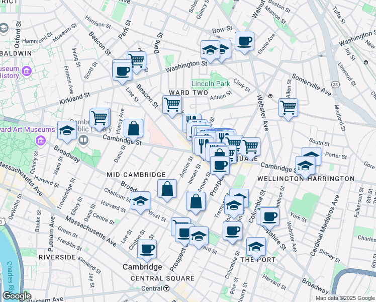 map of restaurants, bars, coffee shops, grocery stores, and more near 139 Antrim Street in Cambridge
