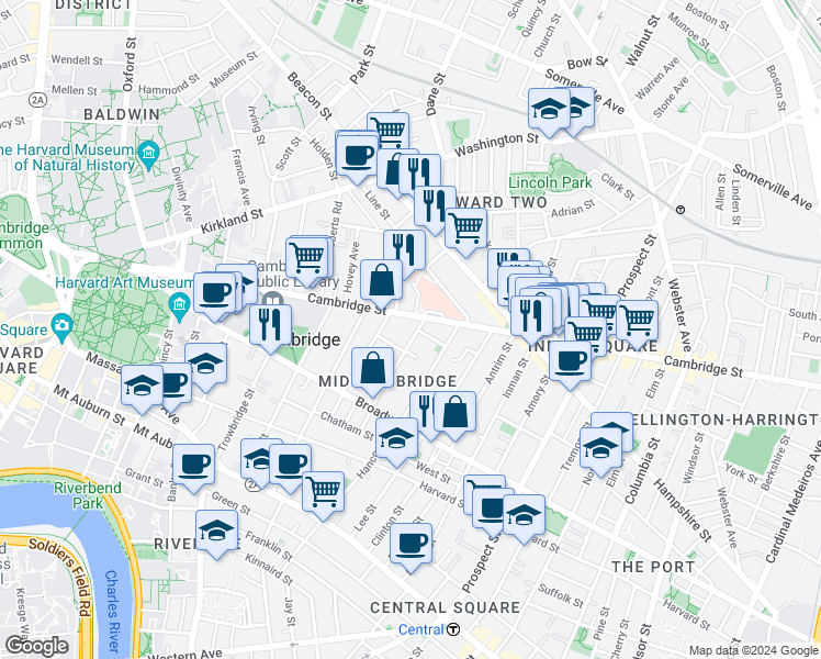 map of restaurants, bars, coffee shops, grocery stores, and more near 13 Greenough Avenue in Cambridge