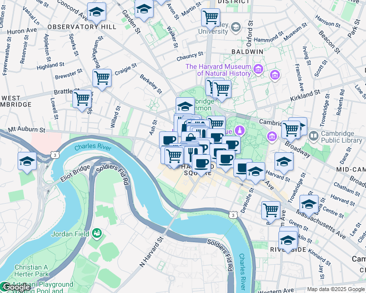 map of restaurants, bars, coffee shops, grocery stores, and more near 1 Mifflin Place in Cambridge