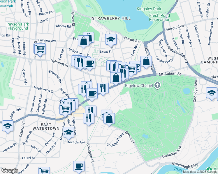 map of restaurants, bars, coffee shops, grocery stores, and more near 761 Mount Auburn Street in Watertown