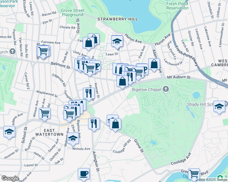 map of restaurants, bars, coffee shops, grocery stores, and more near 761 Mount Auburn Street in Watertown