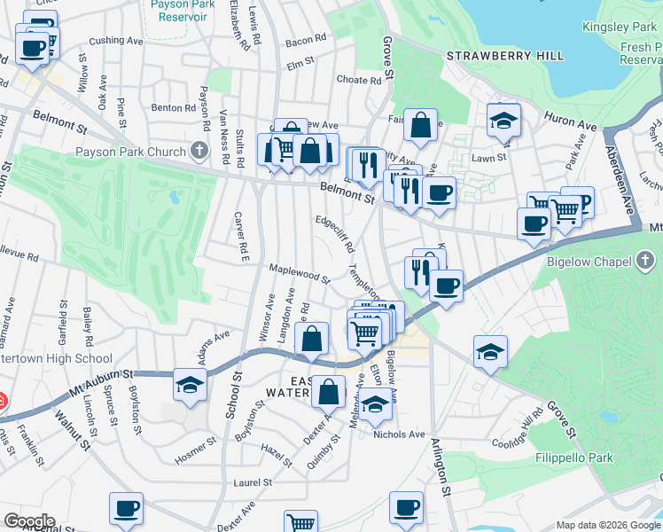 map of restaurants, bars, coffee shops, grocery stores, and more near 17 Edgecliff Road in Watertown