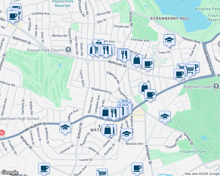 map of restaurants, bars, coffee shops, grocery stores, and more near 73 Hillside Road in Watertown