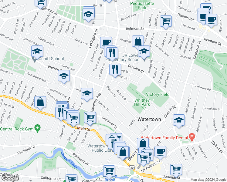map of restaurants, bars, coffee shops, grocery stores, and more near 113 Forest Street in Watertown