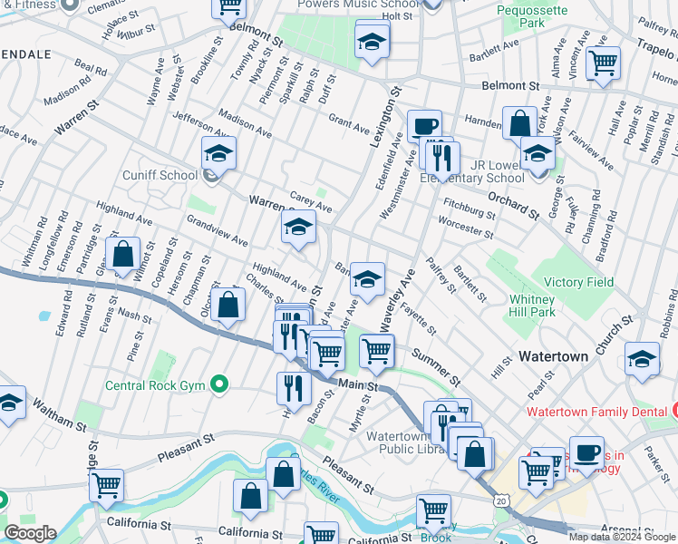 map of restaurants, bars, coffee shops, grocery stores, and more near 90 Edenfield Avenue in Watertown