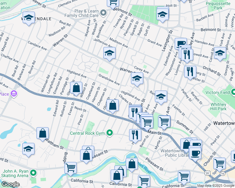 map of restaurants, bars, coffee shops, grocery stores, and more near 53 Gilbert Street in Watertown
