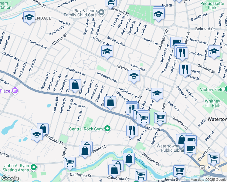 map of restaurants, bars, coffee shops, grocery stores, and more near 53 Gilbert Street in Watertown