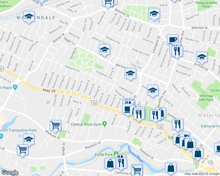 map of restaurants, bars, coffee shops, grocery stores, and more near 53 Gilbert Street in Watertown