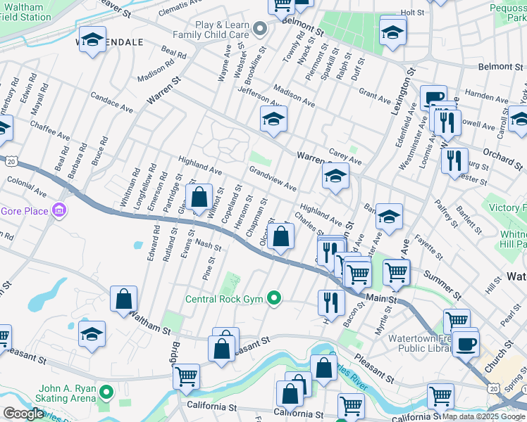 map of restaurants, bars, coffee shops, grocery stores, and more near 44 Olcott Street in Watertown