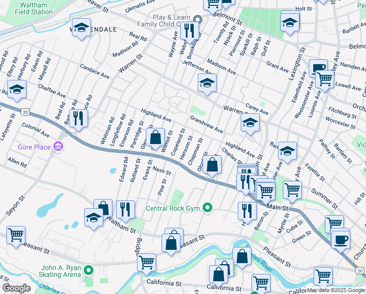 map of restaurants, bars, coffee shops, grocery stores, and more near 25 Hersom Street in Watertown