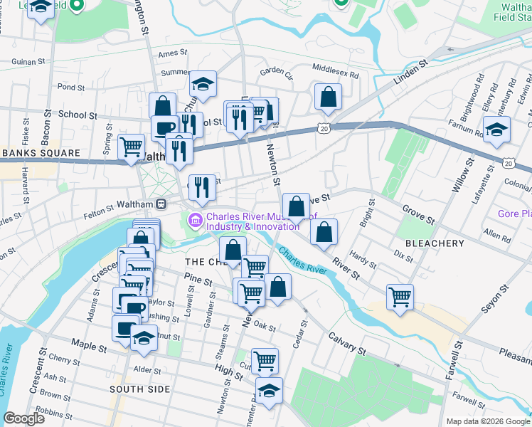 map of restaurants, bars, coffee shops, grocery stores, and more near 330 River Street in Waltham