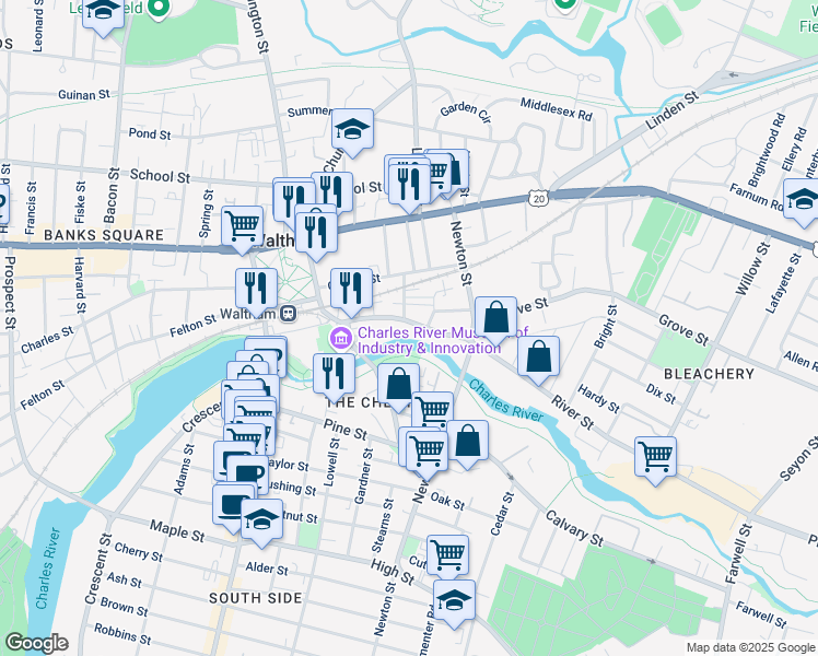 map of restaurants, bars, coffee shops, grocery stores, and more near 374 River Street in Waltham