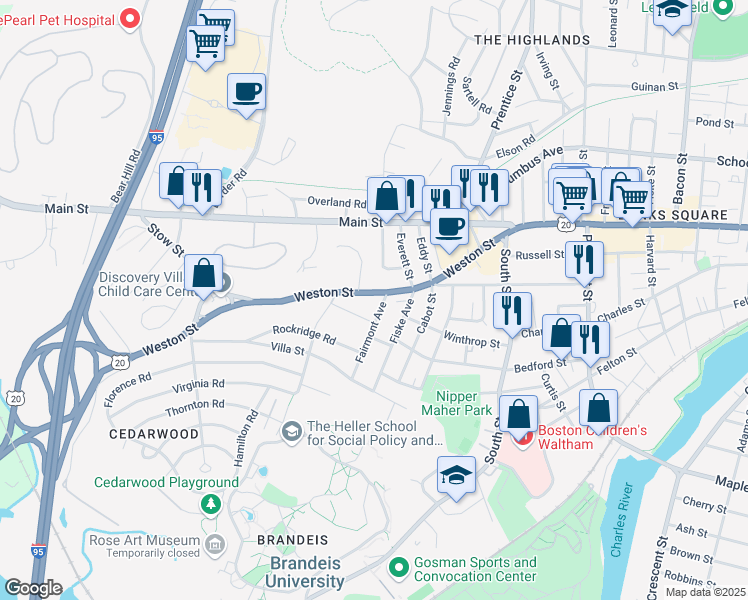 map of restaurants, bars, coffee shops, grocery stores, and more near 25 Fairmont Avenue in Waltham