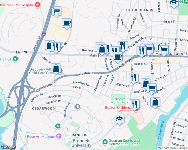 map of restaurants, bars, coffee shops, grocery stores, and more near 25 Fairmont Avenue in Waltham
