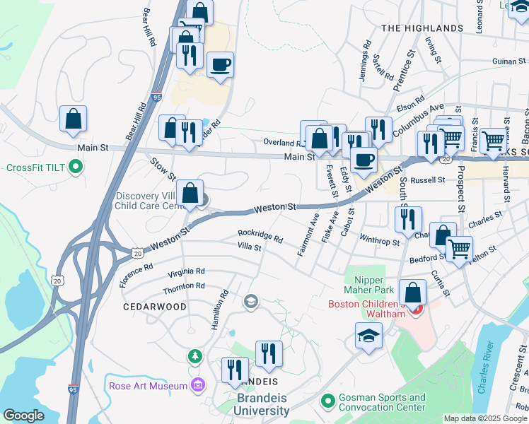 map of restaurants, bars, coffee shops, grocery stores, and more near 228 Weston Street in Waltham