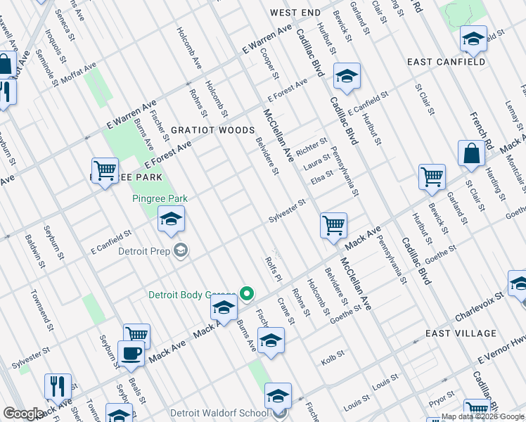 map of restaurants, bars, coffee shops, grocery stores, and more near 4127 Rohns Street in Detroit