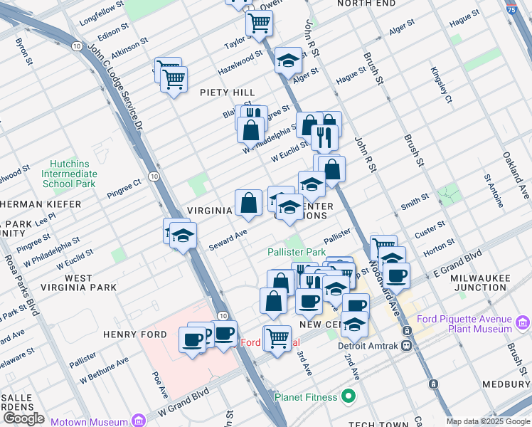 map of restaurants, bars, coffee shops, grocery stores, and more near 675 Seward Avenue in Detroit