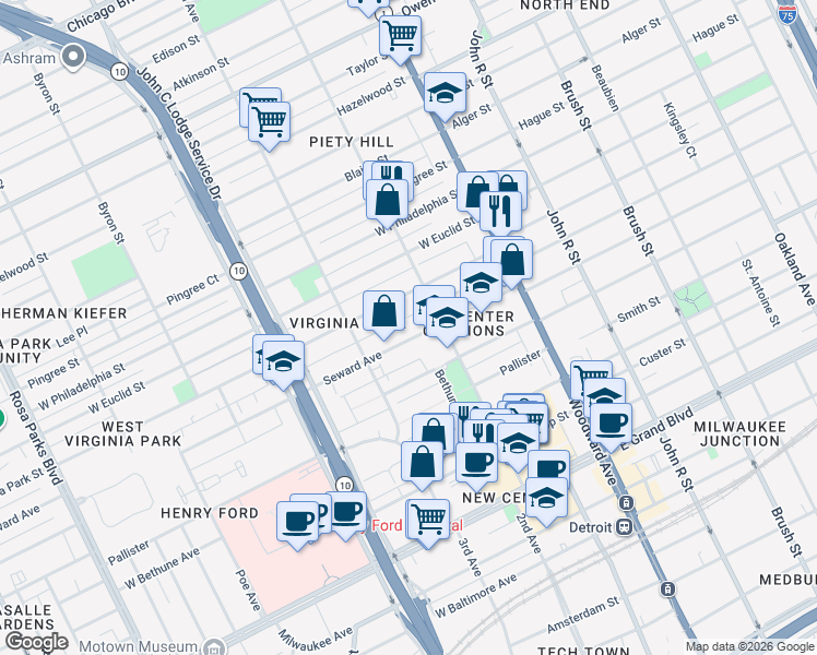 map of restaurants, bars, coffee shops, grocery stores, and more near 675 Seward Avenue in Detroit