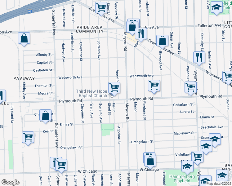 map of restaurants, bars, coffee shops, grocery stores, and more near 12740 Plymouth Road in Detroit