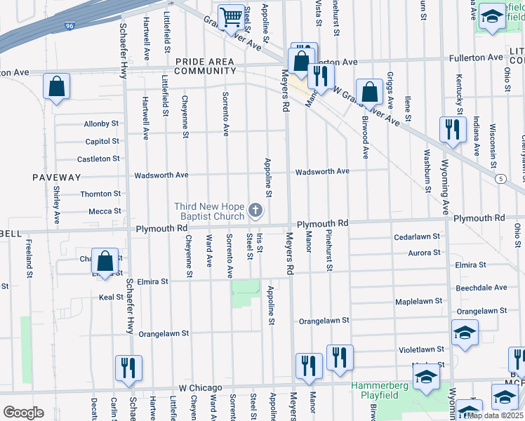 map of restaurants, bars, coffee shops, grocery stores, and more near 12850 Plymouth Road in Detroit