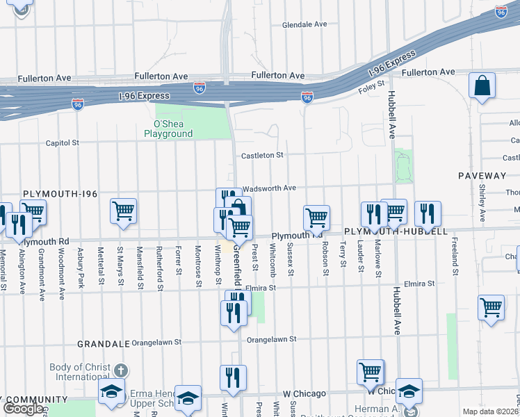 map of restaurants, bars, coffee shops, grocery stores, and more near 11652 Prest Street in Detroit